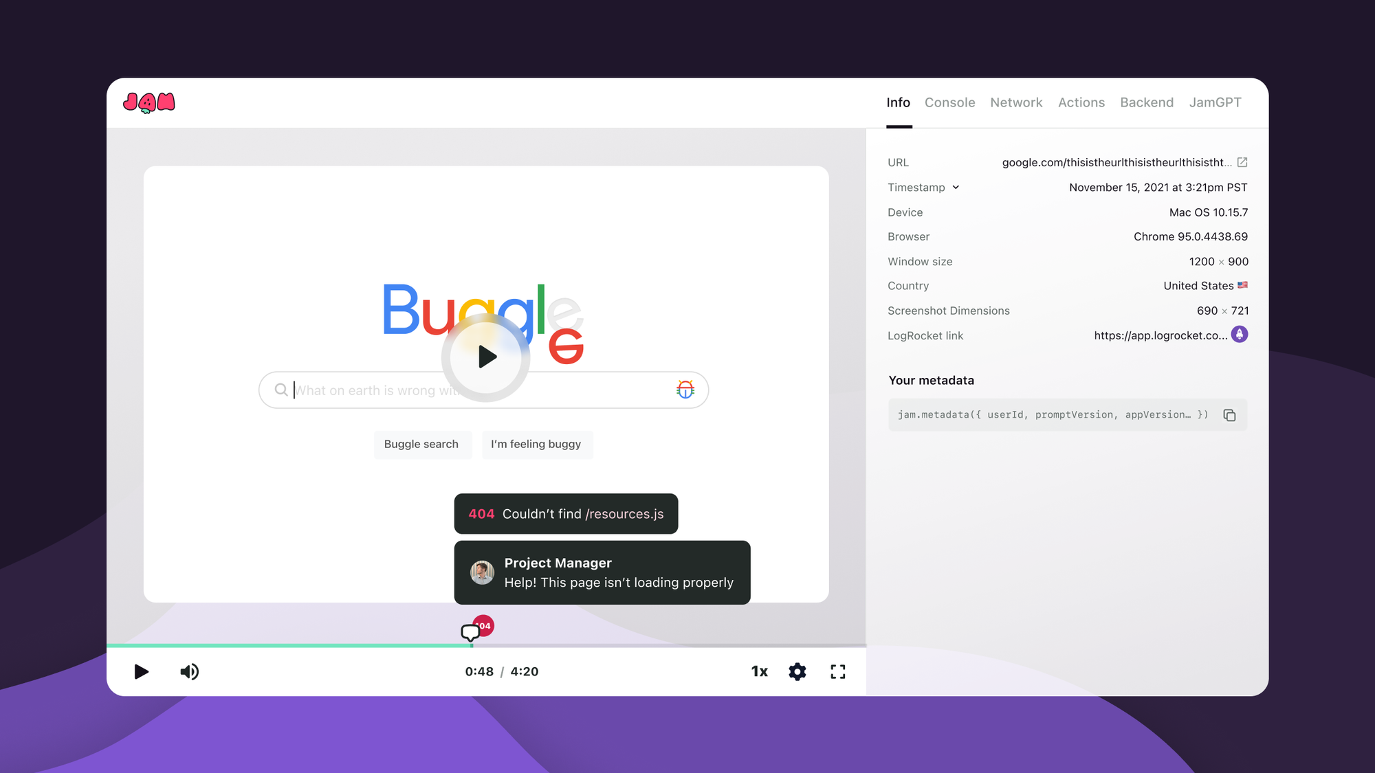 Jam.dev - log bugs directly from your web app in 2 clicks with dev logs auto-included