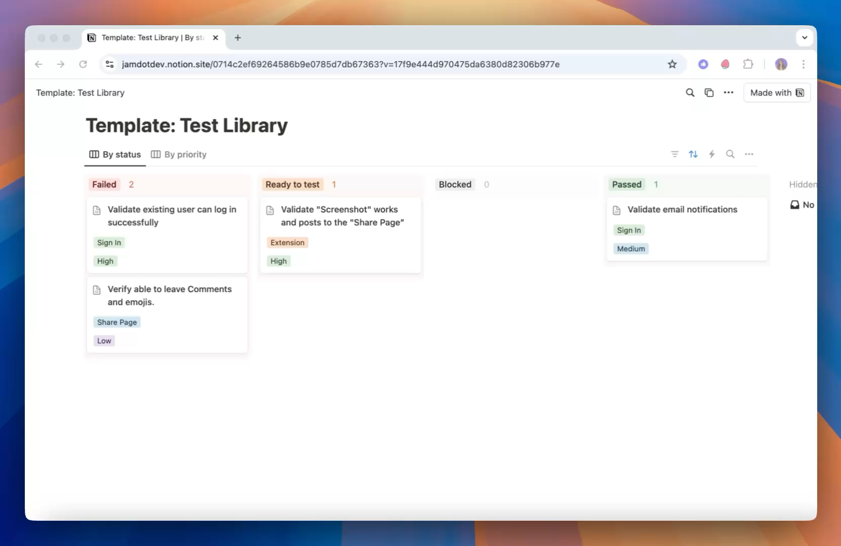 Notion template for QA Testing